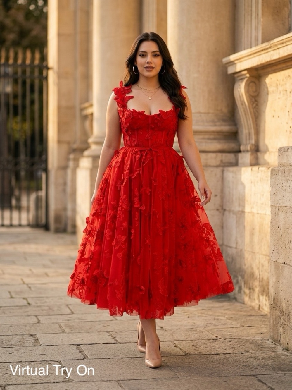 Red Floral Appliqué Midi Dress with Sweetheart Neckline by